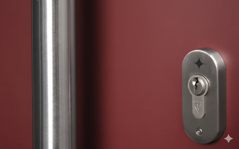 aluminium front door with classic diamond glazing and a standard lever handle.
